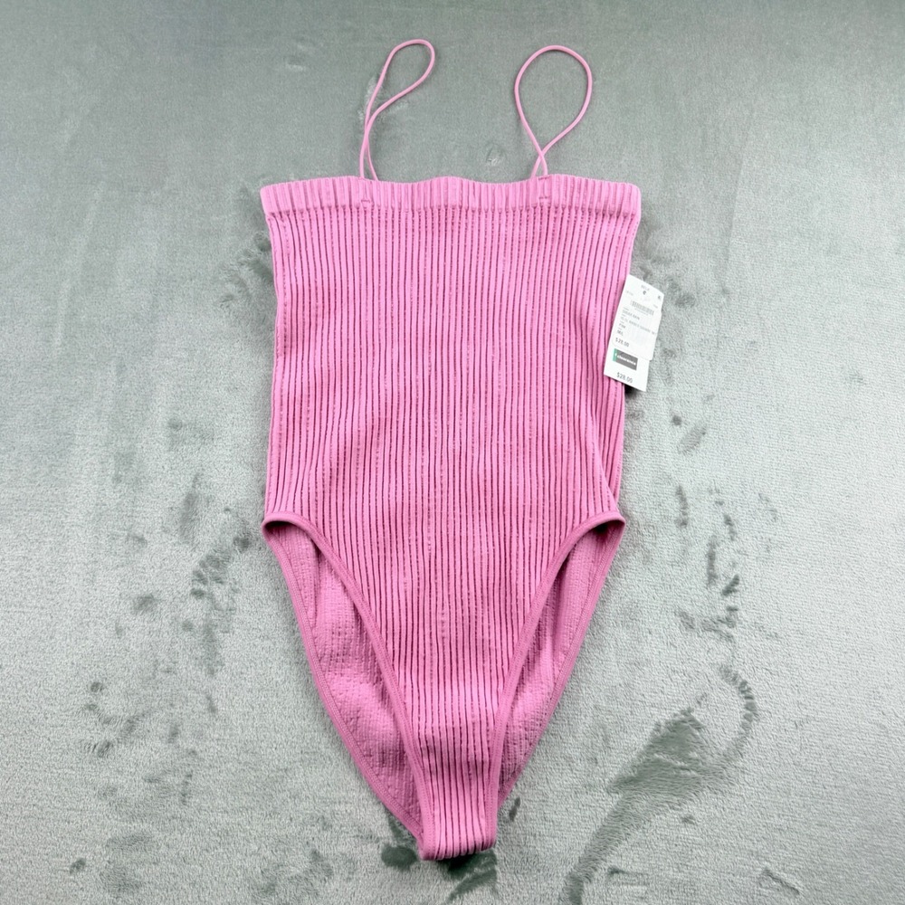 Sugar Rain Ribbed Square Neck Bodysuit‎ Pink Spaghetti Strap LB1030 Women's M/L